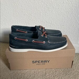 NEW Sperry J. Crew Men's 2-eye Navy and Brown Boat Shoes Sz 9